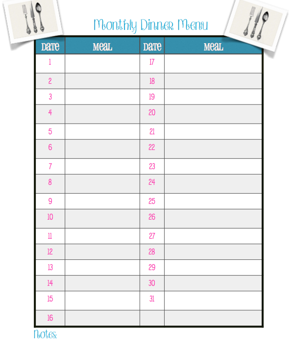 Free Monthly Meal Planning Printable